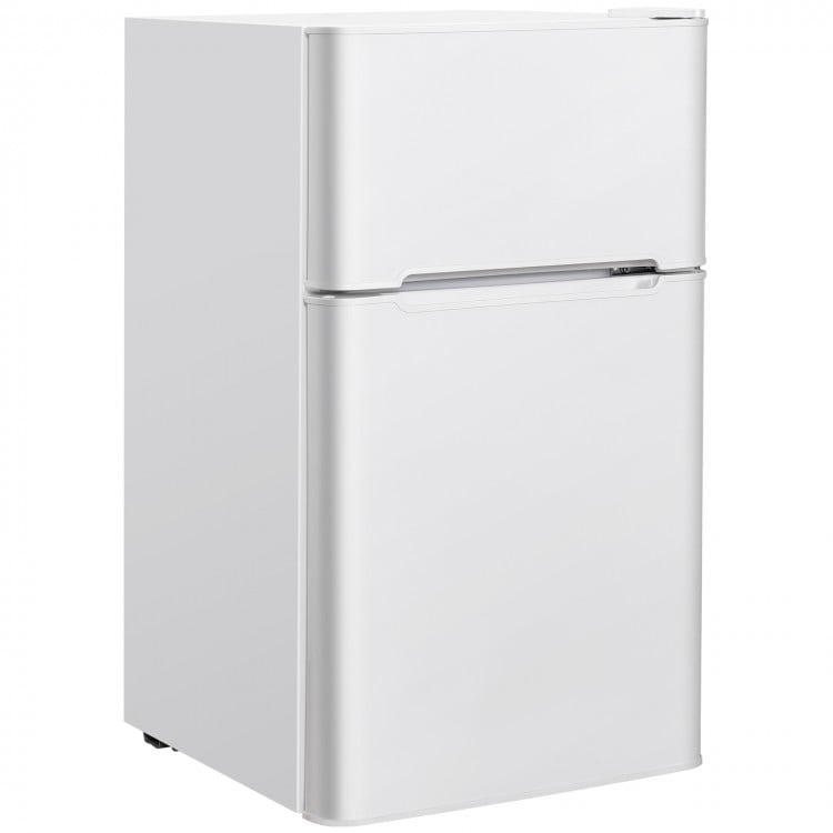 Compact 3.2 cu ft. white refrigerator with a sleek design, featuring a crisper drawer and separate freezer access for.