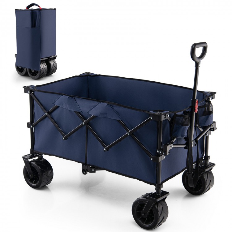 Folding utility garden cart in blue with wide wheels, adjustable handle, and large capacity for easy transport.