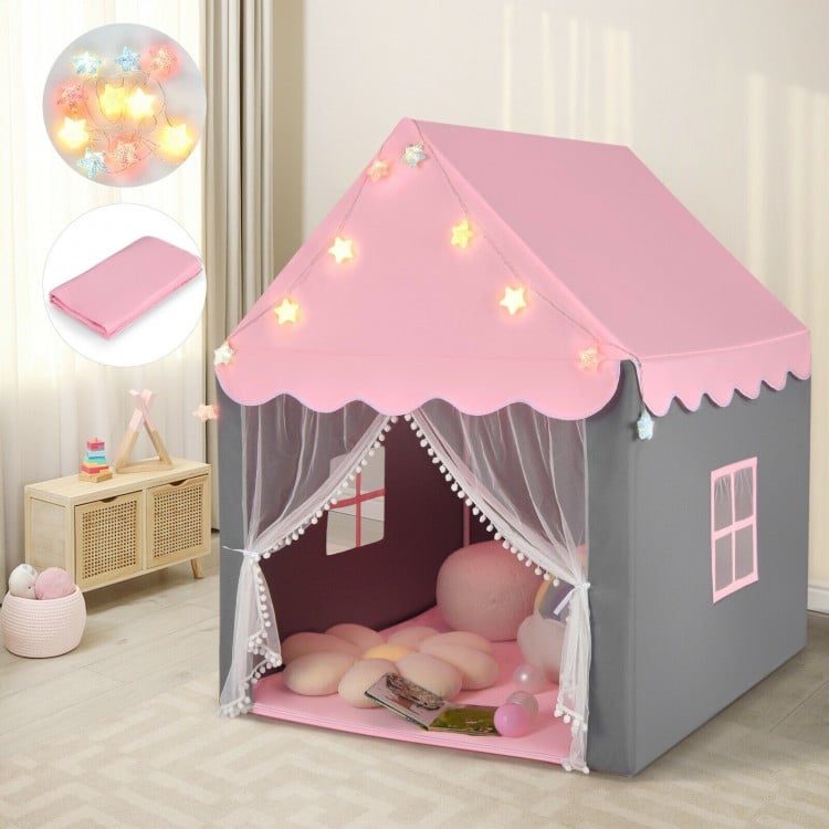 Kids playhouse tent in pink with star lights, featuring a soft mat and mesh windows for a cozy play area.