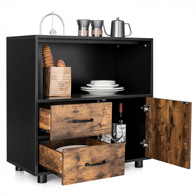 Kitchen storage buffet sideboard in black with rustic brown drawers, featuring 2 drawers, 1 cabinet, and an open shelf.