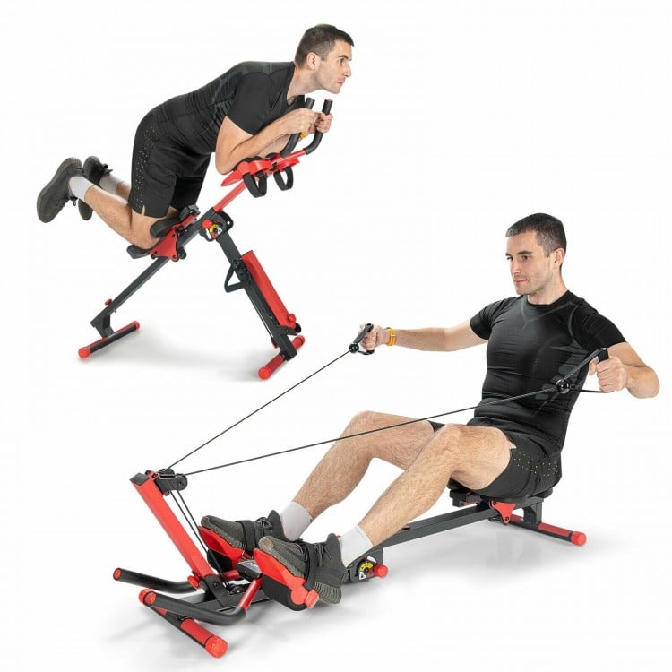 4-in-1 folding rowing machine with adjustable seat and control panel for versatile home gym workouts.