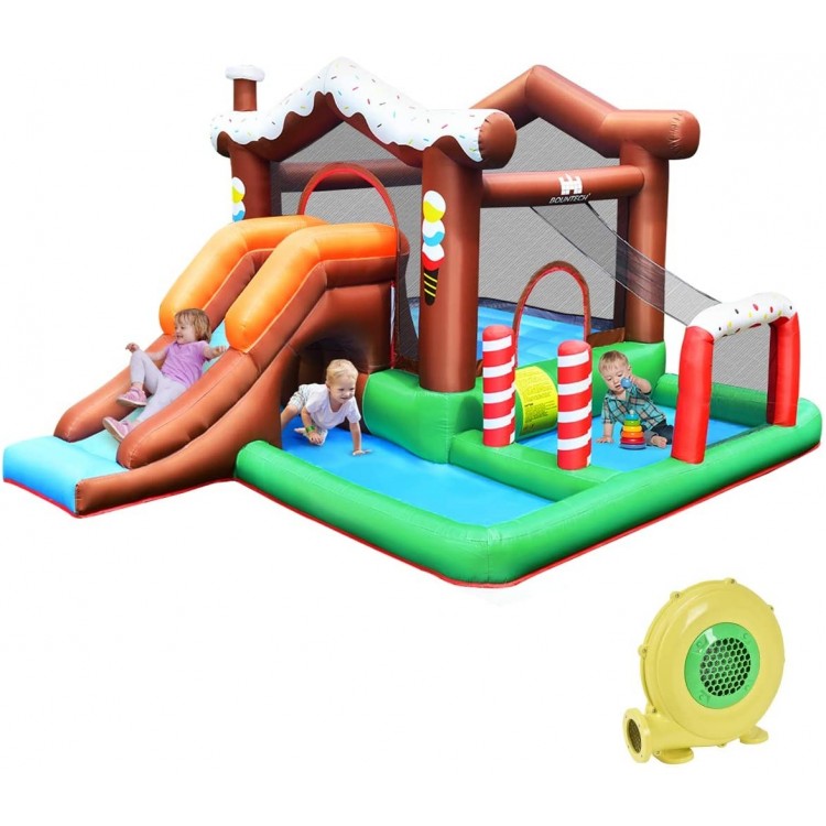 Inflatable kids bounce house with slide and climbing wall, made of high-quality oxford cloth for indoor or outdoor fun.