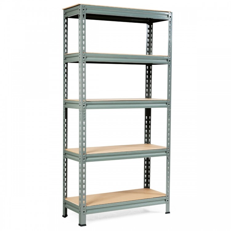 5-tier gray steel shelving unit with adjustable MDF shelves, ideal for heavy-duty storage in home or garage.