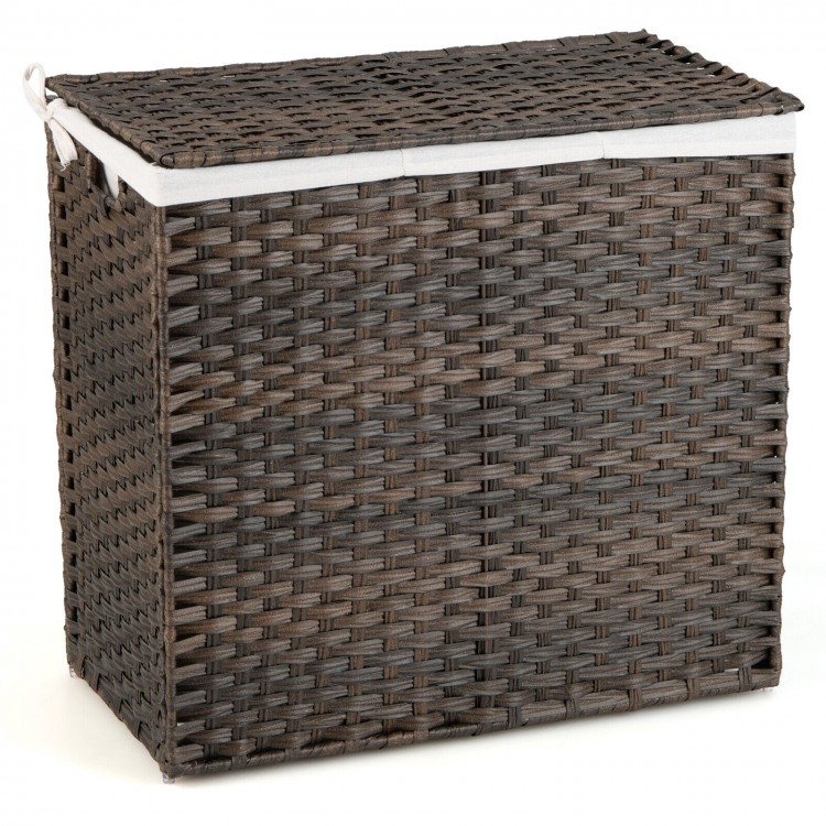 Brown laundry hamper with 3-section design, removable liner bag, and sturdy steel frame, perfect for organized laundry.