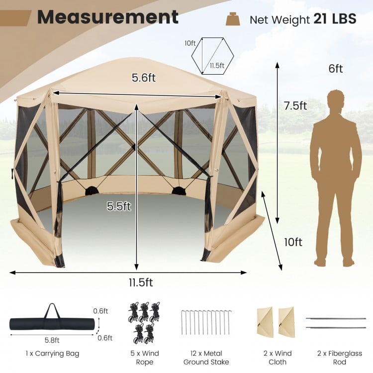 Pop-up screen house tent measuring 11.5 x 11.5 ft, features mesh walls, portable bag, and durable 210D polyester fabric.