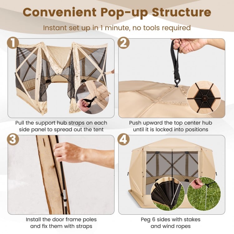 Pop-up screen house tent with mesh sidewalls, 11.5 x 11.5 ft, quick setup, ideal for outdoor activities with 6-8 people.