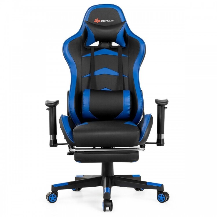 Massage gaming chair in blue with adjustable armrests, retractable footrest, and lumbar pillow for comfort and.