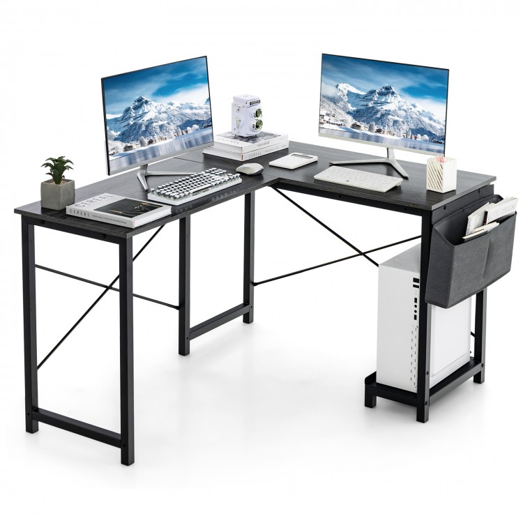 L-shaped dark gray computer desk with storage pocket and CPU stand, ideal for work, writing, and gaming.