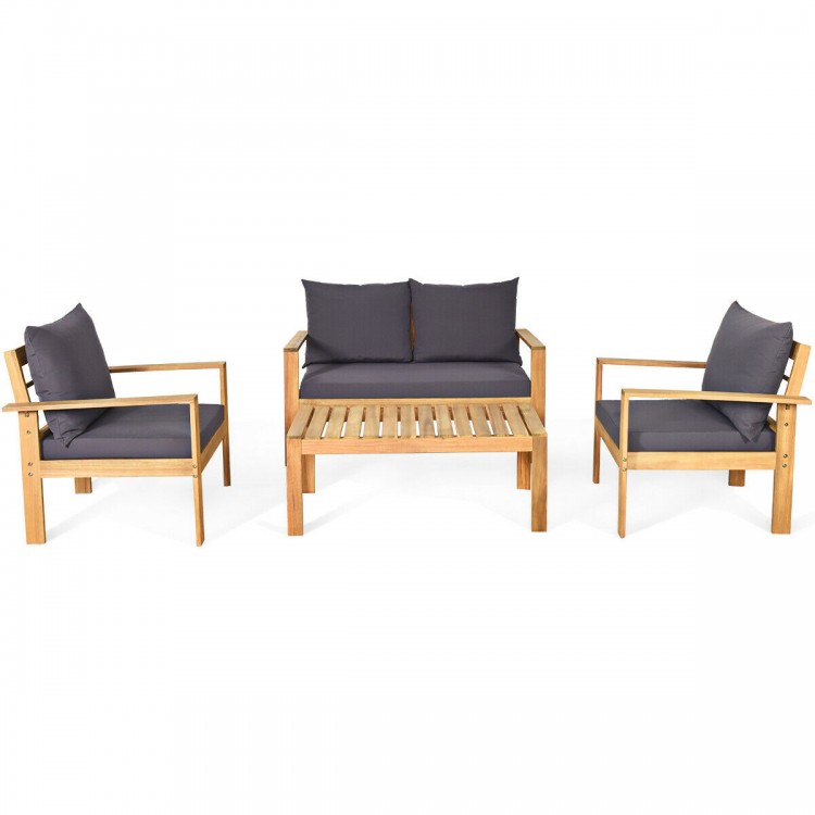 Side view of the acacia wood loveseat with thick, removable cushions, ideal for cozy outdoor conversations and.