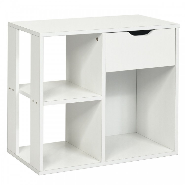 3-tier side table in white with storage shelf and drawer, made of durable particle board for versatile use.