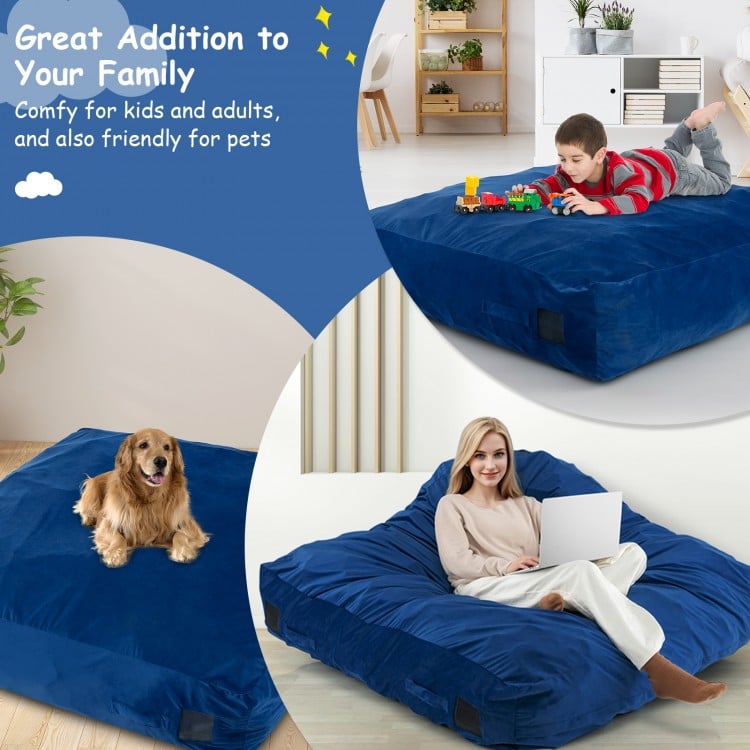 Blue 57 x 57 inch crash pad sensory mat with removable velvet cover, ideal for play, naps, and sensory stimulation.