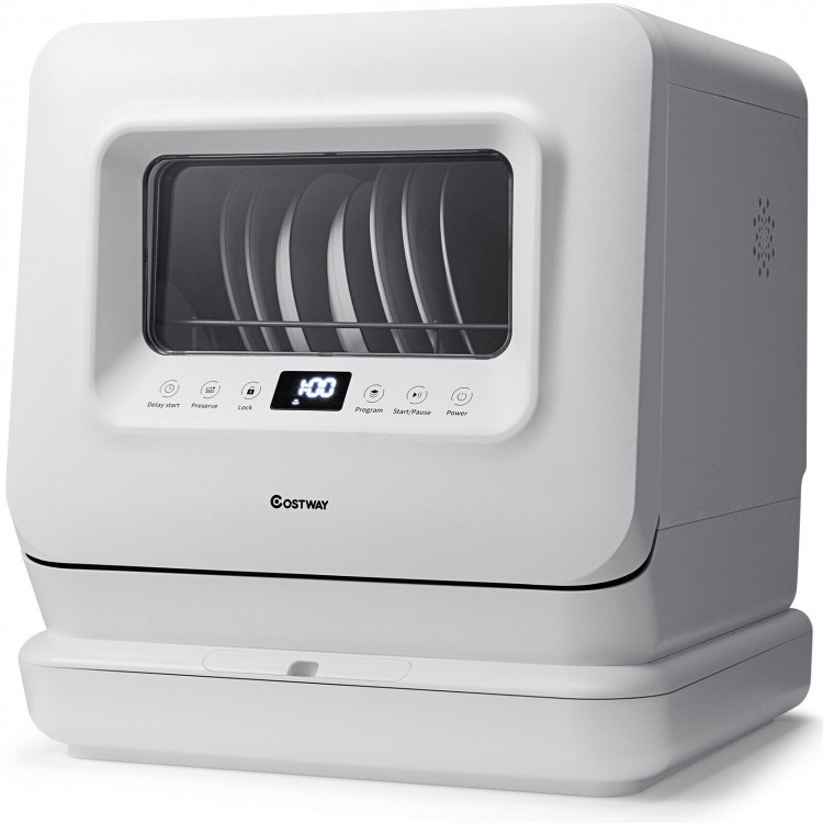 Portable countertop dishwasher with 7.5L water tank, featuring 5 programs and compact design for easy dish cleaning.