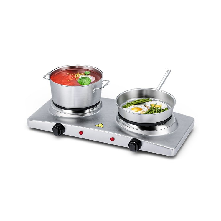 Double hot plate electric countertop burner with stainless steel surface, featuring 1200W and 600W power for versatile.