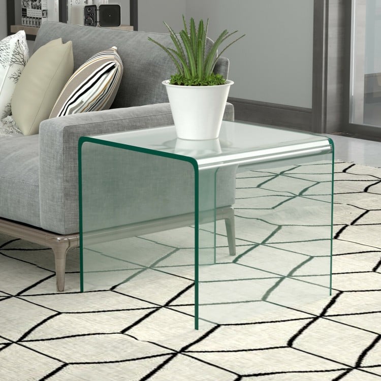 Tempered glass waterfall end table with a minimalist design, ideal for living room or office use, featuring non-slip.