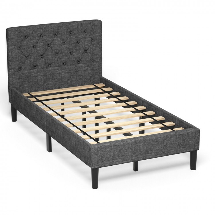 Upholstered bed base with button-stitched headboard, solid wood slats, and durable steel frame for modern bedroom decor.