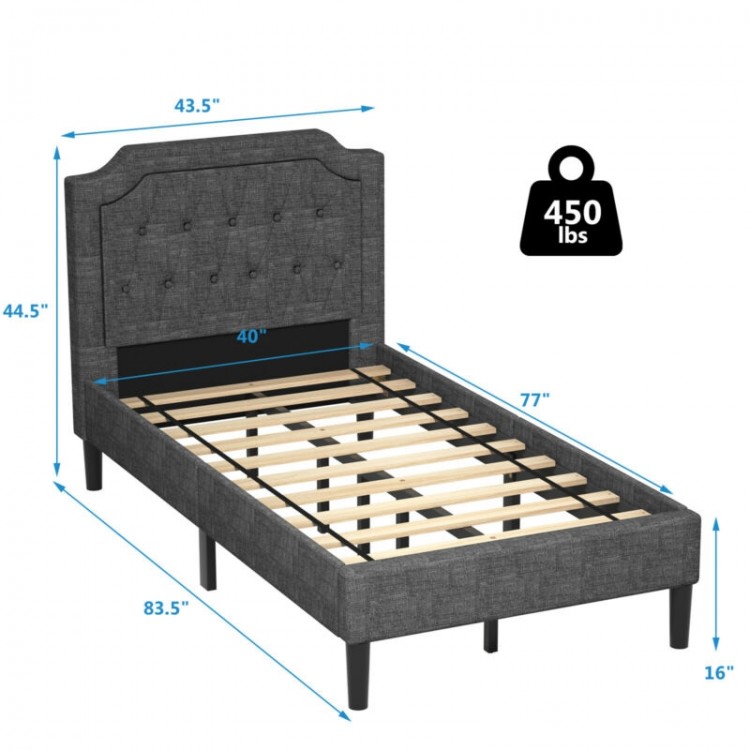 Twin upholstered platform bed with button-tufted headboard, sturdy wood slats, and 450 lbs weight capacity for stylish.