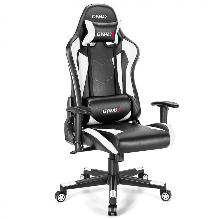 Ergonomic gaming chair in white and black with adjustable height, lumbar cushion, and racing style design for comfort.