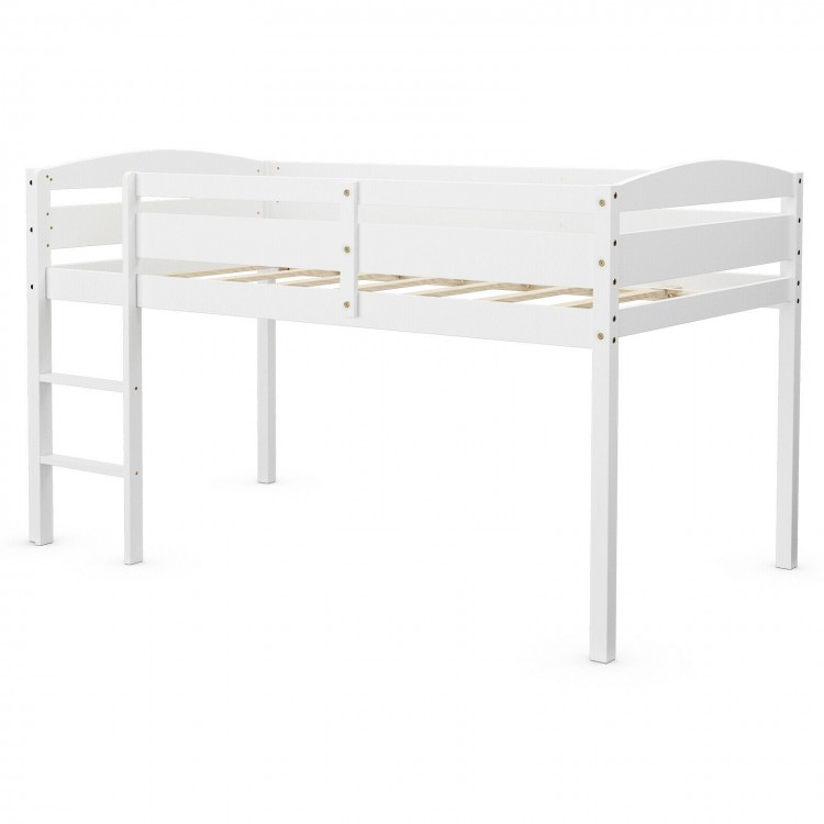 Low loft twin bunk bed in white with guard rail and ladder, made of solid wood for durability and safety. Ideal for.