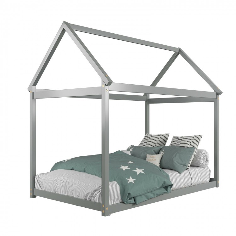 Gray kids platform floor bed with roof, sturdy wooden frame, and heavy-duty slats for durability and stability.