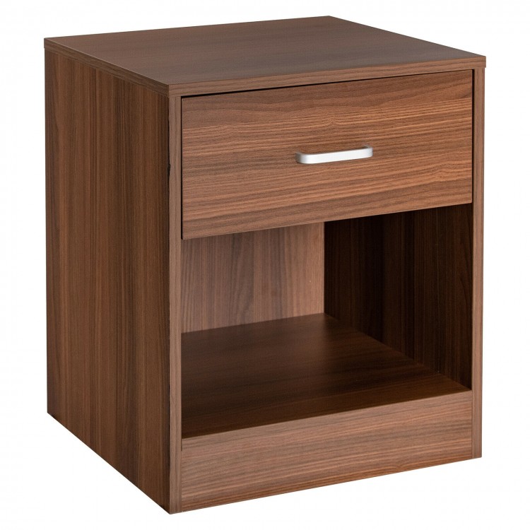 Modern brown nightstand featuring a storage drawer and open compartment, perfect for bedside or living room use.