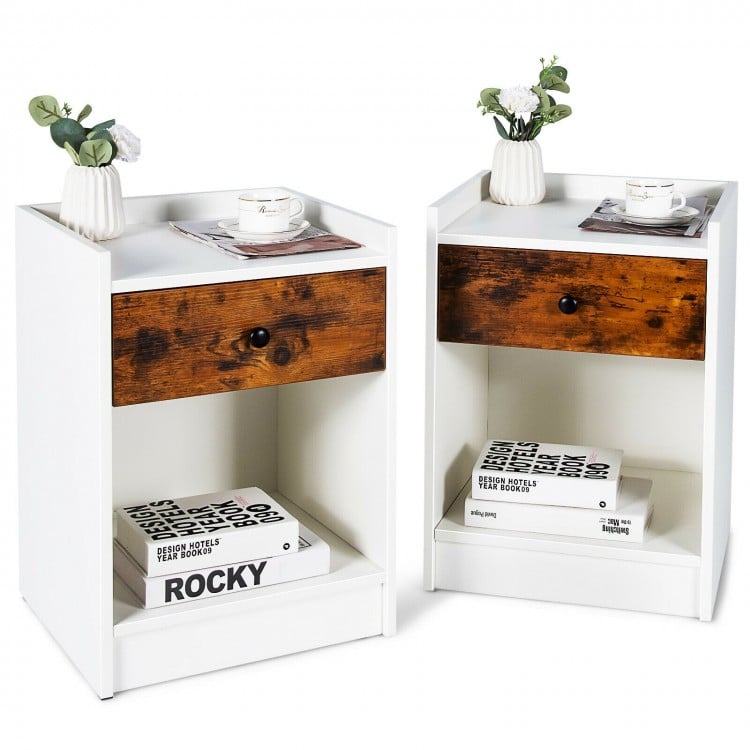 Set of 2 white nightstands with wooden drawers, featuring spacious tops and open compartments for versatile storage.