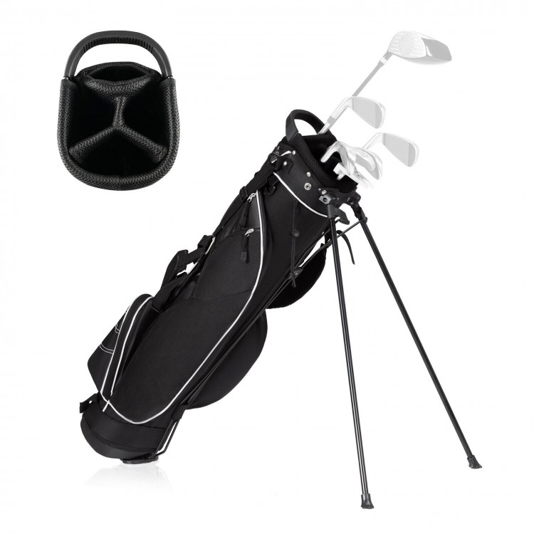 Golf stand bag with 7-way divider, adjustable straps, and multiple pockets for storage, ideal for carrying accessories.