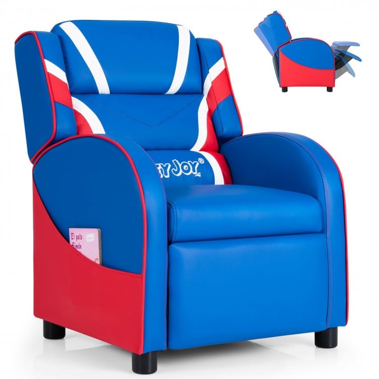 Kids leather recliner chair in blue with adjustable backrest and footrest, featuring side pockets for storage.