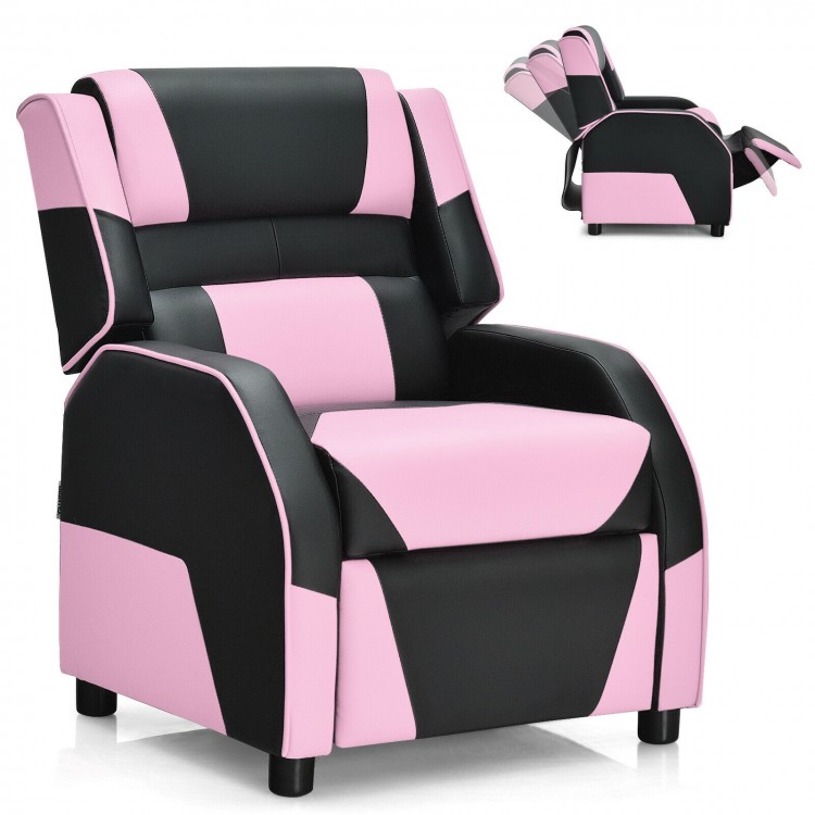 Kids youth PU leather gaming sofa recliner in pink and black, featuring adjustable backrest and footrest for comfort.