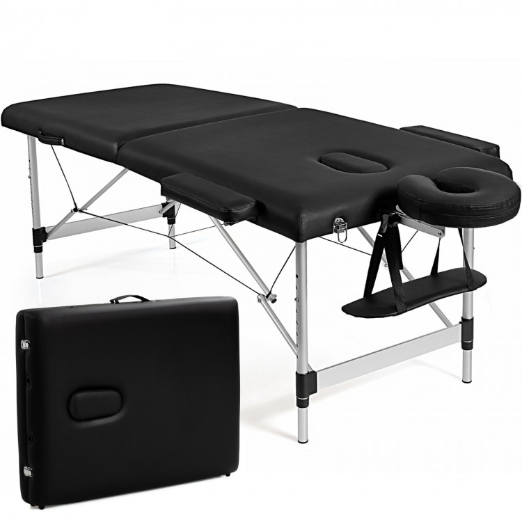 Portable black massage bed with adjustable height, includes headrest and armrests, ideal for spa and facial treatments.