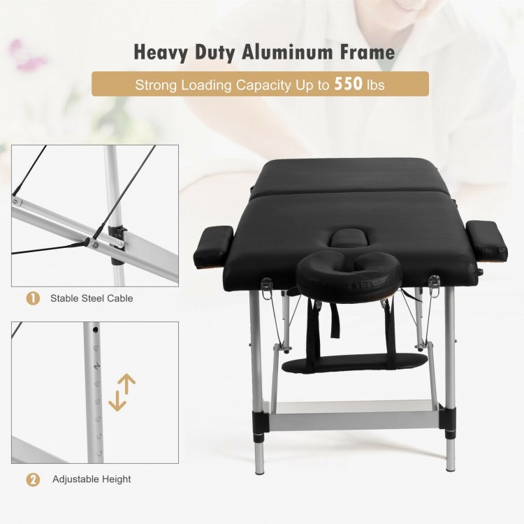 Portable adjustable massage bed with a heavy-duty aluminum frame, black PVC leather, and accessories for spa use.