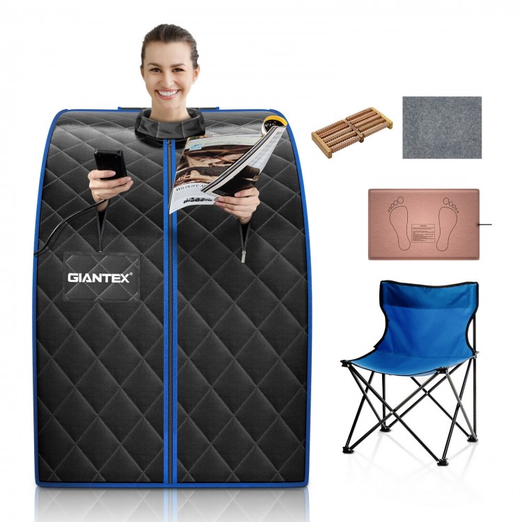 Portable personal far infrared sauna in black with heating foot pad, chair, and accessories for relaxation and.