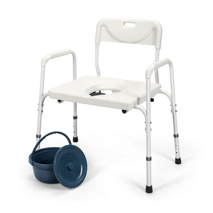 3-in-1 bedside commode chair with adjustable height, removable backrest, and sturdy steel frame for stability.
