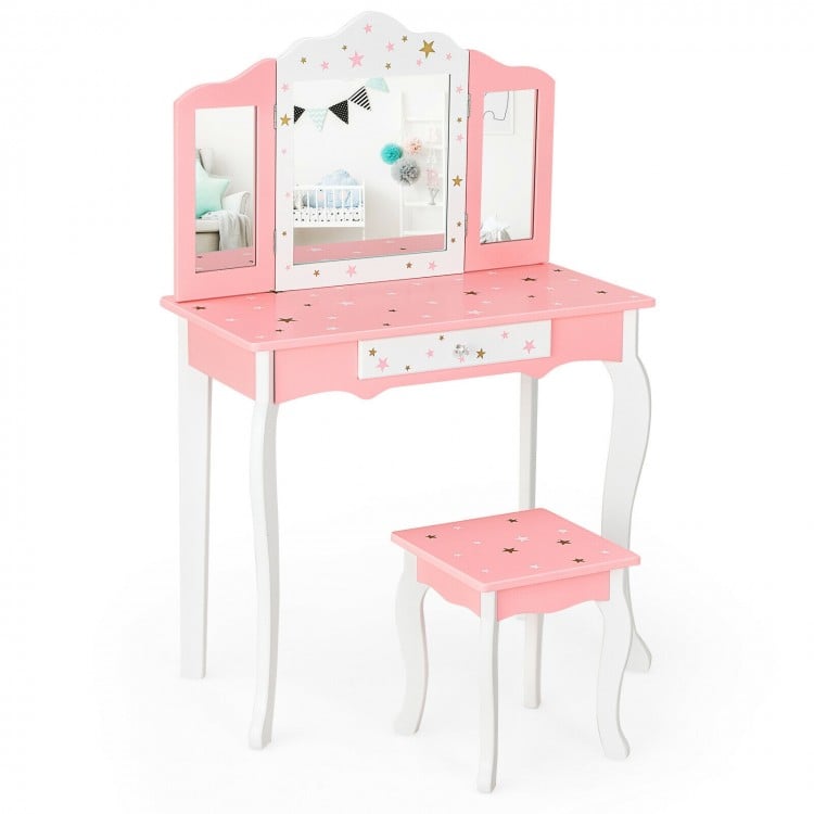 Kids pink vanity table and stool set with tri-folding mirror, star patterns, and detachable design for versatile use.