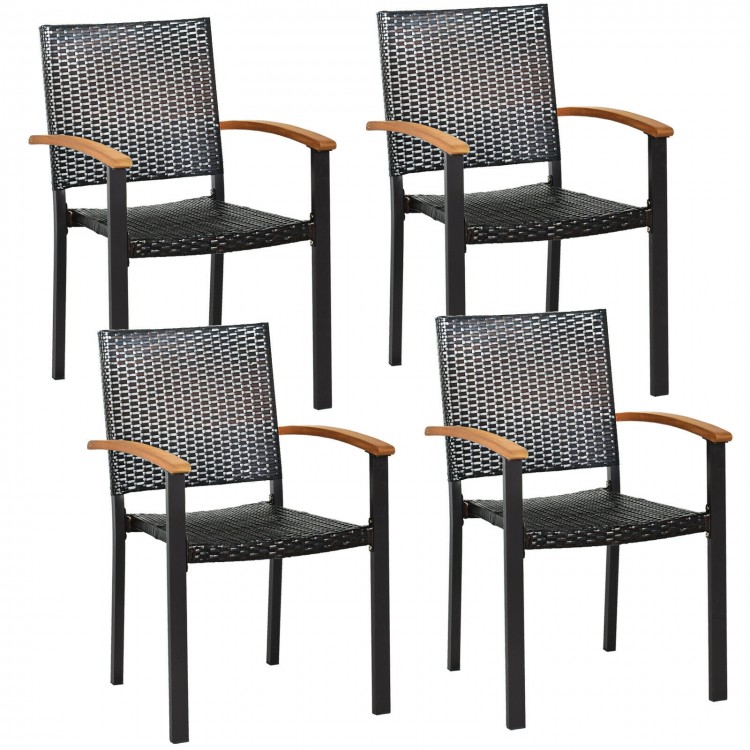 Set of 4 outdoor patio wicker dining chairs with powder-coated steel frame and acacia wood armrests for versatile use.