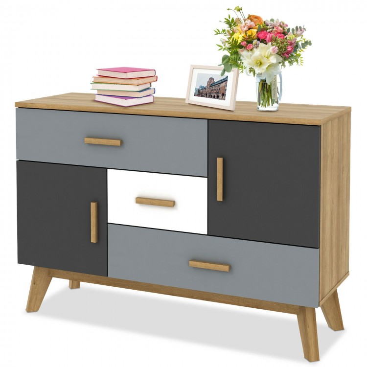 Free-standing storage cabinet with 2 doors and 3 drawers in modern design, perfect for living room or bedroom.