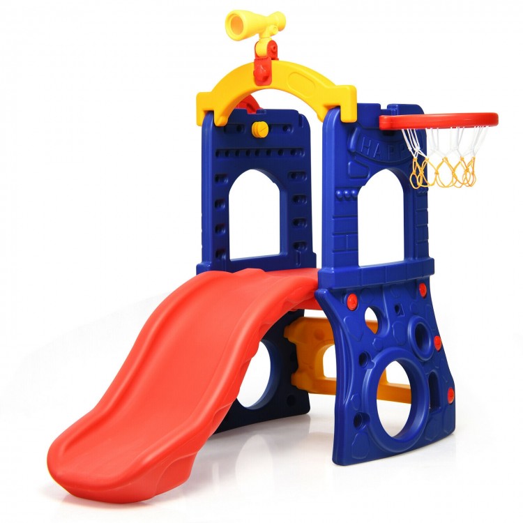 Freestanding kids slide with basketball hoop, red slide, and blue structure, made of non-toxic HDPE for indoor and.