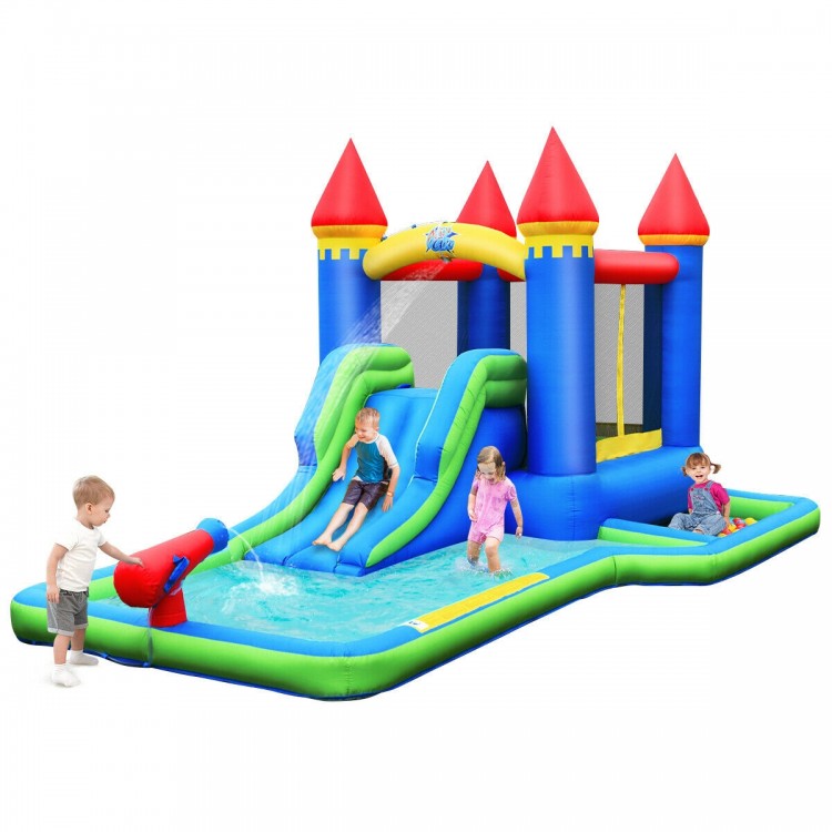 Kids inflatable bounce house water slide with water cannon, large pool, and colorful ball pit for outdoor fun.