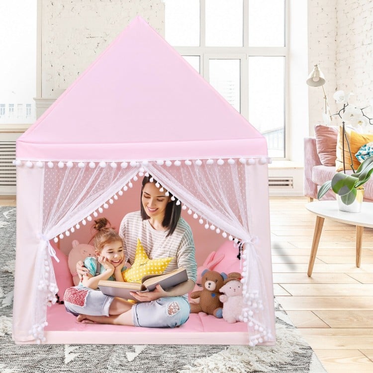 Kids play tent in pink with solid wood frame and soft mat, perfect for indoor and outdoor play and relaxation.
