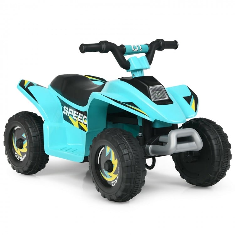 Blue 6V kids electric ATV ride-on toy with four wear-resistant wheels for indoor and outdoor fun.