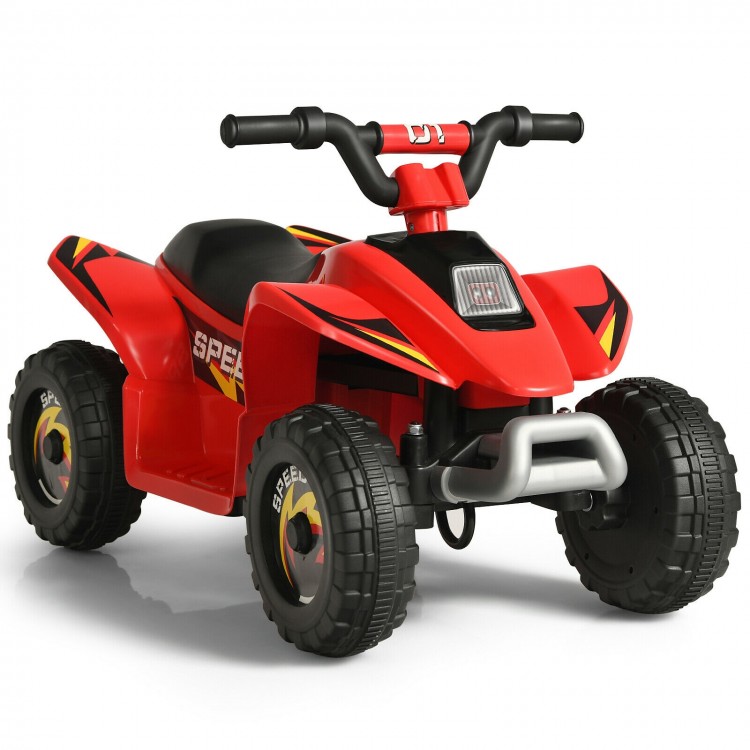 Red 6V kids electric ATV ride-on toy with four durable wheels, designed for stability and comfort on various terrains.
