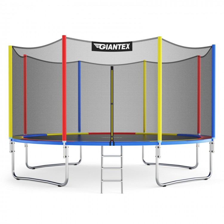 14-foot trampoline with safety enclosure net and ladder, designed for outdoor use by kids and adults.