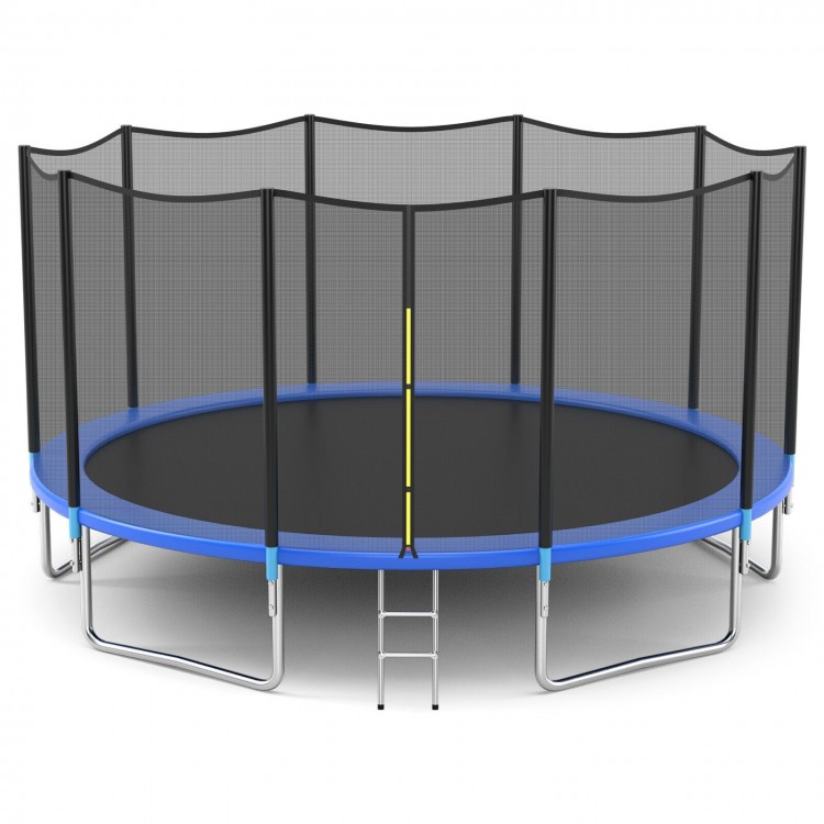Outdoor 8 ft trampoline with safety net, sturdy galvanized steel frame, and included ladder for safe jumping fun.