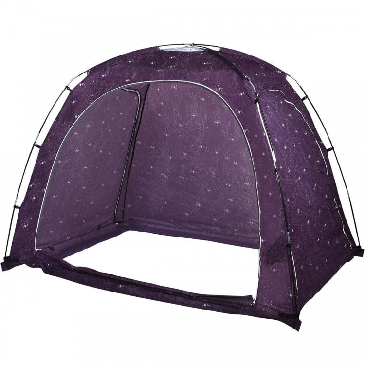 Portable indoor privacy play tent in purple, made of durable polyester, featuring three doors and mesh vents for.