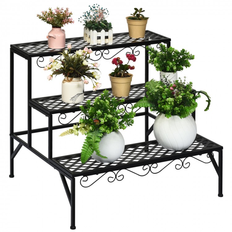 Three-tier metal decorative plant stand with elegant patterns, ideal for indoor or outdoor plant display.