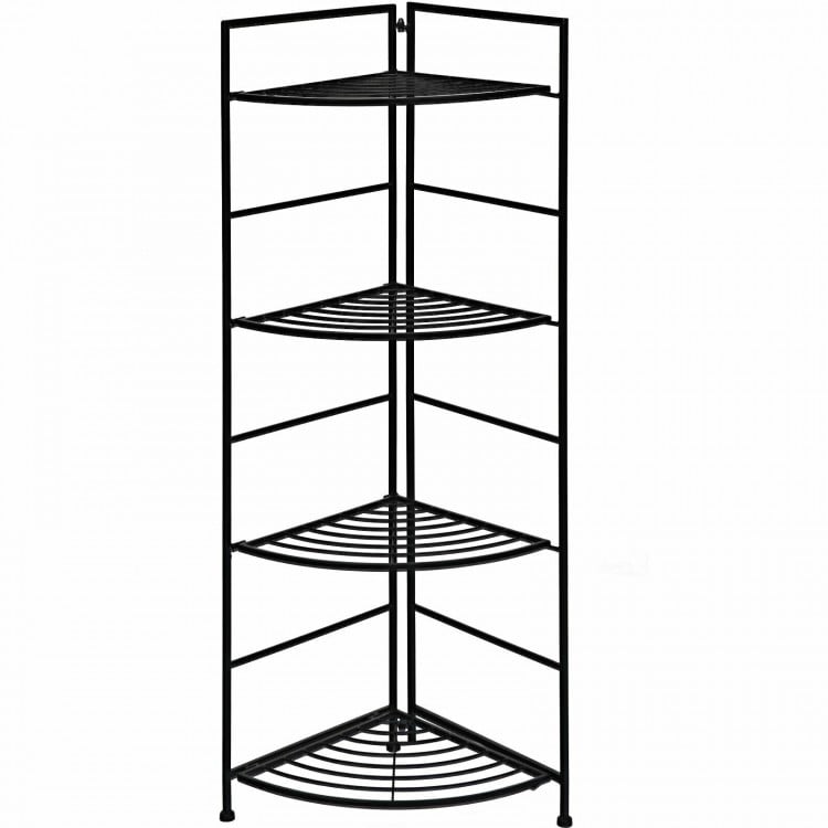 4-tier folding metal shelf plant stand in black, featuring a sturdy design for corner display and ample storage space.