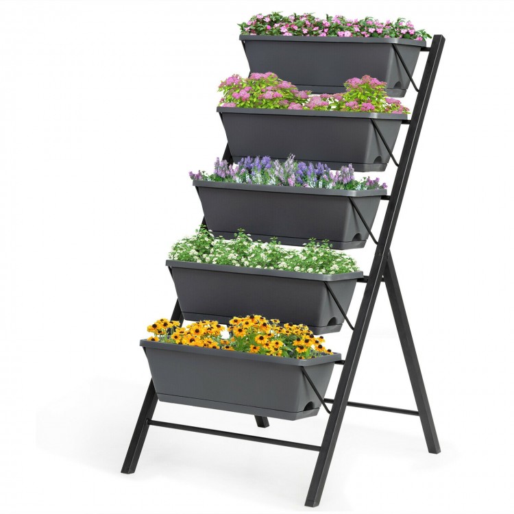 5-tier raised garden bed with black iron frame and colorful flowers, perfect for growing vegetables and herbs.