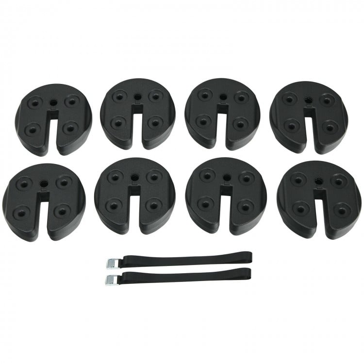 Set of 8 canopy weights, 40lbs each, made of weather-resistant PE, designed for secure stacking and outdoor use.