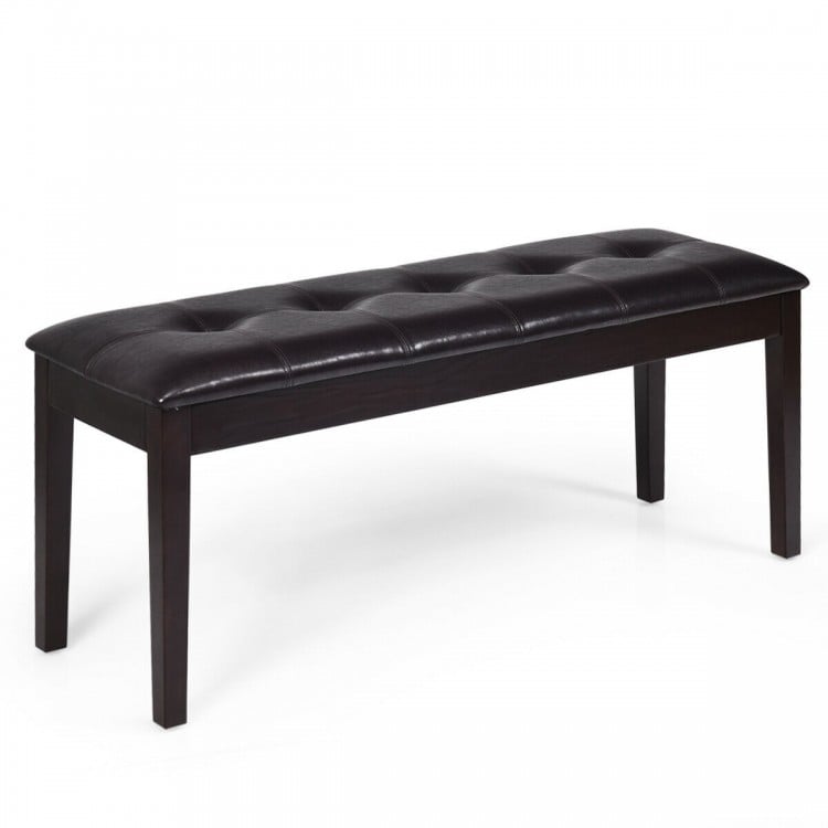 Brown upholstered dining room bench with solid rubberwood legs, button tufted design, ideal for dining and resting.