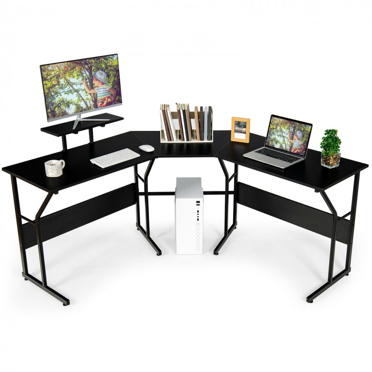 L-shaped black computer desk with monitor stand, featuring flexible configurations for workspace optimization.
