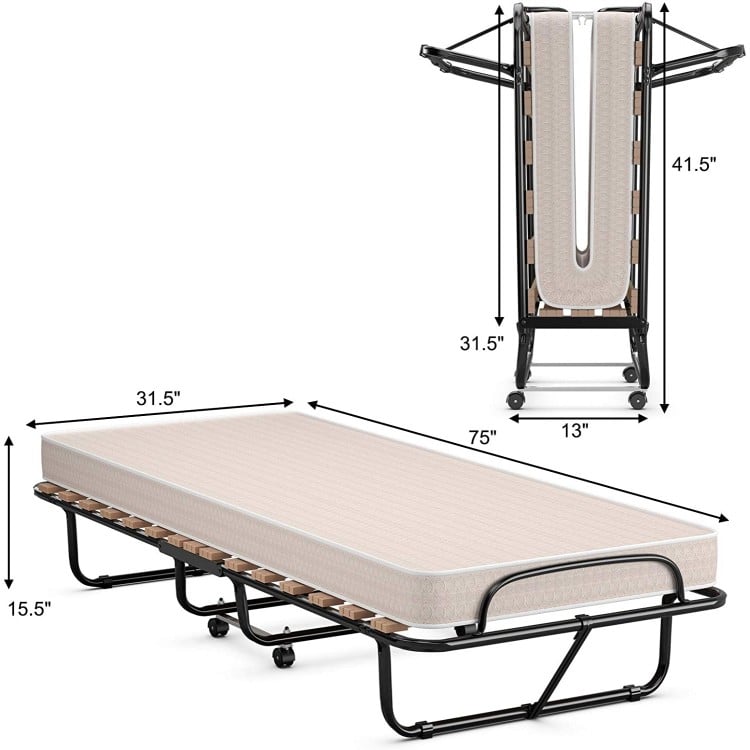 Folding guest bed with memory foam mattress, 75 x 31.5 inches, compact design with wheels for easy transport and.